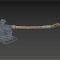 Medieval Axe Weapon With Engraved Metal Head And Wooden Handle