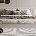 Modern Double Bed With Upholstered Headboard Decorative Pillows And Striped Rug