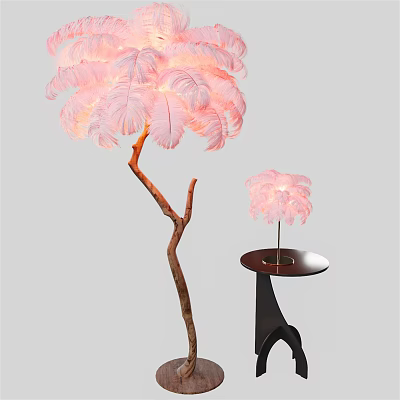 Pink Feather Floor Lamp With Branch Shaped Stand And Matching Table Lamp 3d model