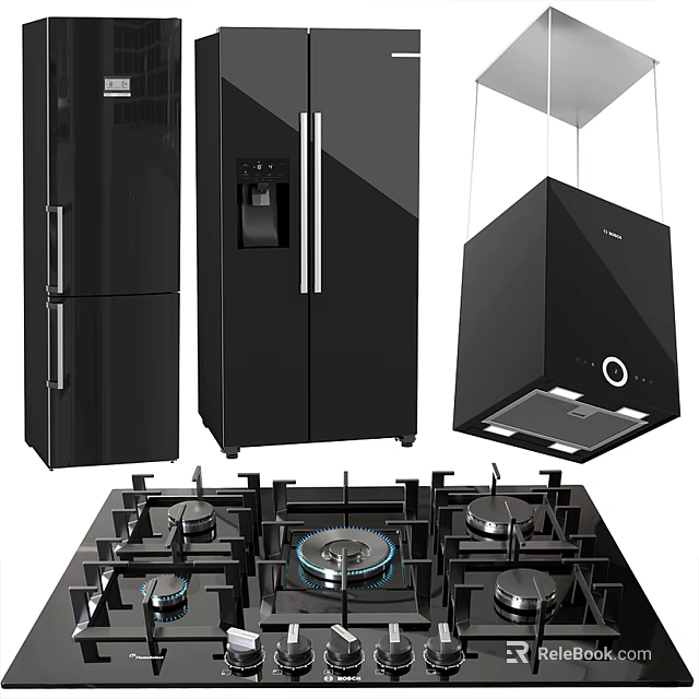 Modern Kitchen Appliances Including Refrigerator Range Hood And Gas Stove 3d model 