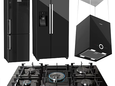 Modern Kitchen Appliances Including Refrigerator Range Hood And Gas Stove 3d model