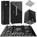 Modern Kitchen Appliances Including Refrigerator Range Hood And Gas Stove