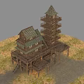 Multi Story Wooden Building With Tower Balconies And Gabled Roof On Grassland