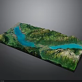 3D Topographic Model With Green Mountain Terrain And Blue Lake Features