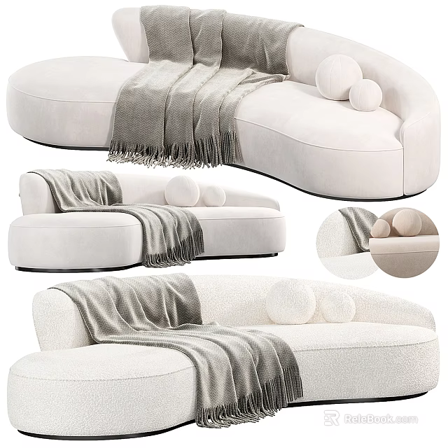 White Curved Multi Seater Sofa With Gray Throw Blanket And Round Pillows 3d model 