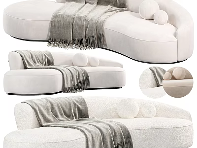 White Curved Multi Seater Sofa With Gray Throw Blanket And Round Pillows 3d model