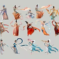 Multiple Traditional Dancers Performing Elegant Classical Dance With Flowing Ribbons And Colorful Traditional Costumes