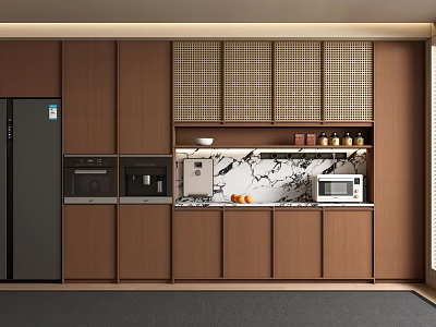Modern Wooden Sideboard With Checkerboard Doors Marble Countertop Microwave Coffee Machine Bowl And Oranges 3d model