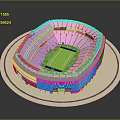 3D Rendering Of Modern Football Stadium With Green Field And Blue Seats