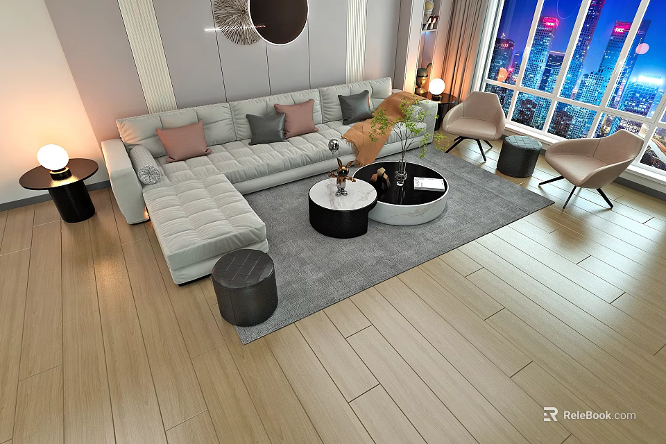 Modern L shaped Sofa And Coffee Table Set With Gray Accent Pillows And City View 3d model 