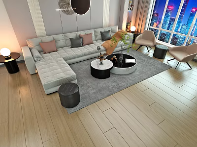 Modern L shaped Sofa And Coffee Table Set With Gray Accent Pillows And City View 3d model