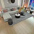 Modern L shaped Sofa And Coffee Table Set With Gray Accent Pillows And City View