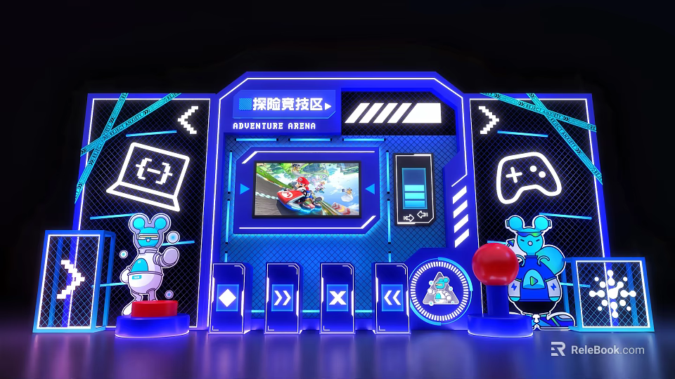 Fun Game Interactive Zone With Racing Game Screen Game Controller And Robot Dolls 3d model 