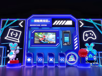 Fun Game Interactive Zone With Racing Game Screen Game Controller And Robot Dolls 3d model