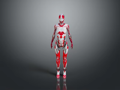 Red And White Humanoid Robot With Mechanical Structure Standing On Gray Background 3d model