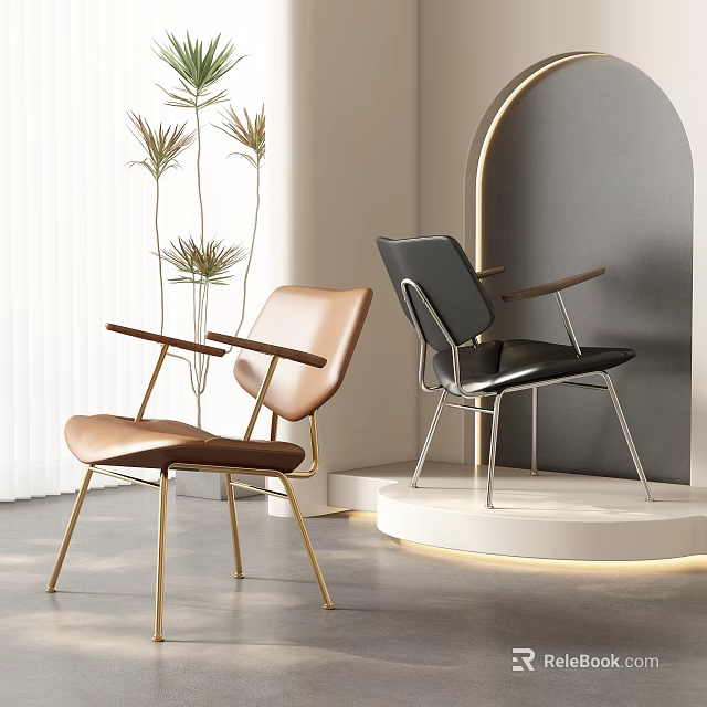 Modern Stylish Leisure Chairs in Brown Black Leather with Gold Silver Metal Legs and Potted Plants 3d model 