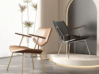 Modern Stylish Leisure Chairs in Brown Black Leather with Gold Silver Metal Legs and Potted Plants 3d model