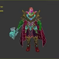Man with white long hair in black armor golden decorations red cape holding purple gem weapon