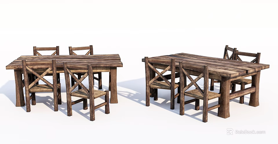Rustic Wooden Table and Chair Set with Crossed Back Design for Dining Space 3d model 