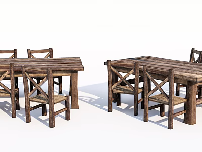 Rustic Wooden Table and Chair Set with Crossed Back Design for Dining Space 3d model