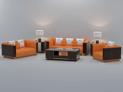 Modern Orange Sofa And Coffee Table Set With White Cushions And Table Lamps 3d model