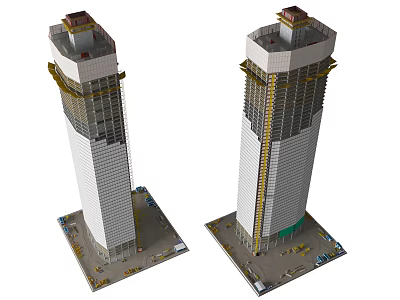 Two Modern Skyscrapers Under Construction With Scaffolding And Structural Design 3d model