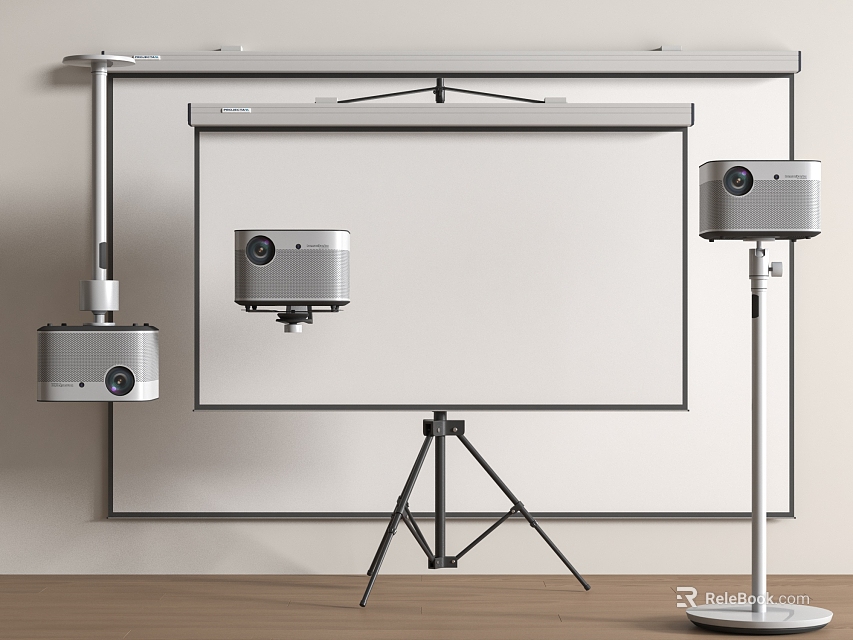 Projection Monitoring System Setup With Wall Mounted Projectors Projection Screen And Tripod Stand 3d model 