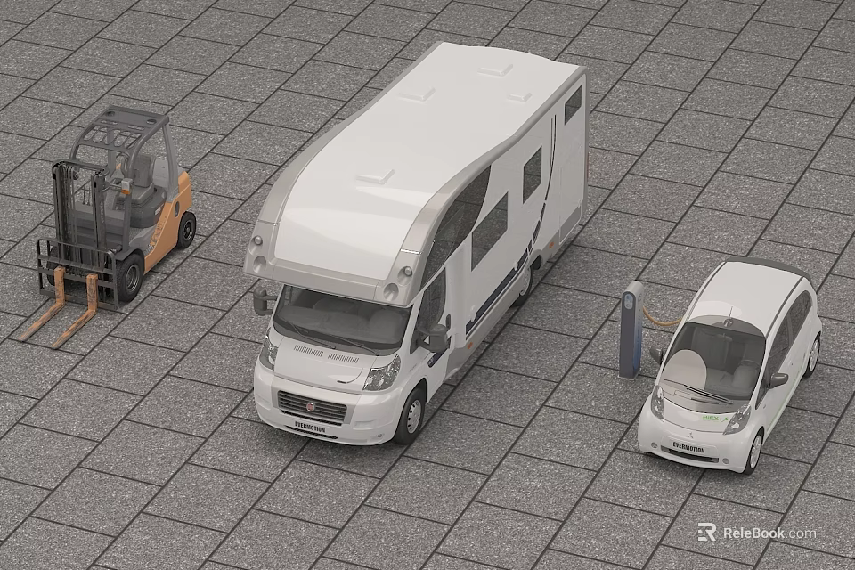 White Motorhome And Small Electric Car Parked In Paved Parking With Charging Station 3d model 