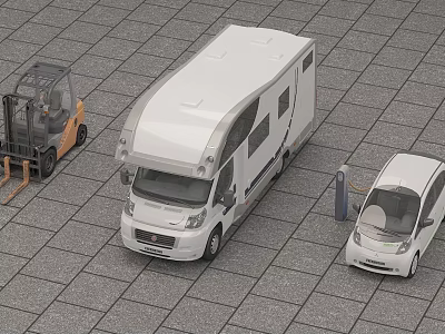 White Motorhome And Small Electric Car Parked In Paved Parking With Charging Station 3d model