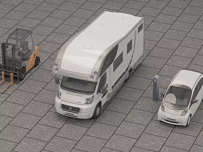 White Motorhome And Small Electric Car Parked In Paved Parking With Charging Station 3d model