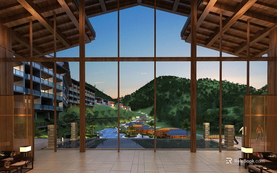Hotel Building With Wooden Structure Large Windows And Scenic Mountain View Sunset Pool 3d model 
