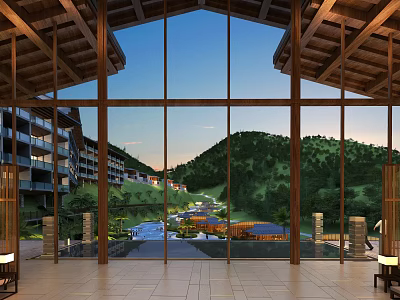 Hotel Building With Wooden Structure Large Windows And Scenic Mountain View Sunset Pool 3d model