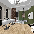 Elegant Beauty Hair Salon Interior With Salon Chairs Mirrors Chandelier And Green Wall