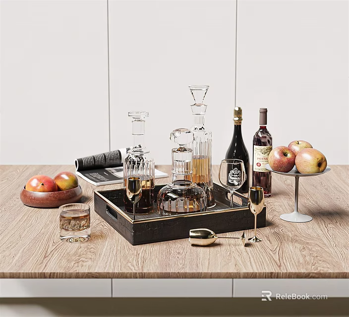 Elegant Tableware Set With Glass Decanters Wine Glasses Bottles Fruits On Wooden Tray 3d model 