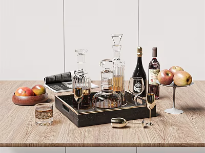 Elegant Tableware Set With Glass Decanters Wine Glasses Bottles Fruits On Wooden Tray 3d model