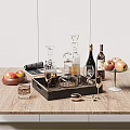Elegant Tableware Set With Glass Decanters Wine Glasses Bottles Fruits On Wooden Tray