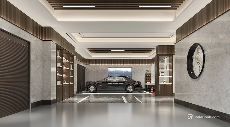 Luxury Garage Interior With Marble Walls Wooden Accents Large Windows And Display Shelves 3d model 