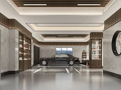 Luxury Garage Interior With Marble Walls Wooden Accents Large Windows And Display Shelves 3d model