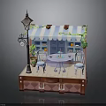Miniature Café Scene On Trunk Base With Striped Awning Table Chairs Street Lamp And Plants