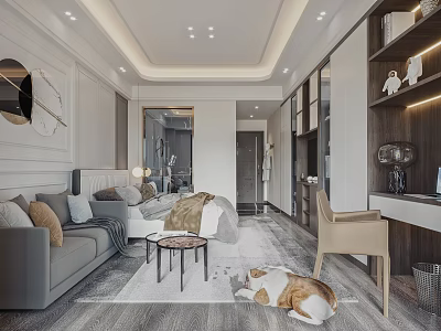 Modern Bedroom Interior With Grey Sofa Bed Desk And Dog On Rug 3d model