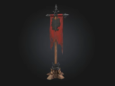 Medieval Decorative Banner With Wooden Pole Tree Stump Base And Red Tattered Flag 3d model