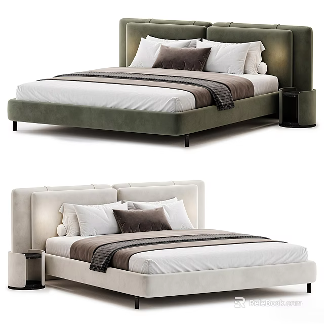 Modern Double Bed With Upholstered Headboard White Linens And Striped Blanket 3d model 