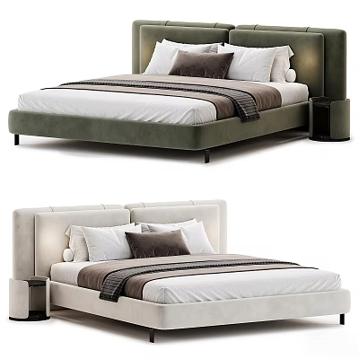 Modern Double Bed With Upholstered Headboard White Linens And Striped Blanket 3d model