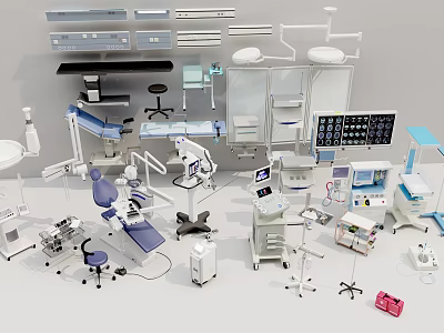 Medical Equipment Including Surgical Tables Shadowless Lamps Patient Monitors And Instrument Cabinets 3d model