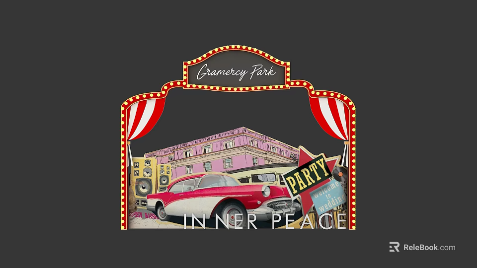 Cranberry Park Party Scene With Red Vintage Car Pink Building And Inner Peace 3d model 