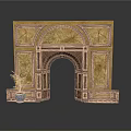 Ornate Architectural Structure Featuring Arched Doorway With Decorative Golden Brown Panels And Potted Plant