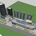 Urban Modern Commercial Complex With High Rise Buildings Open Plaza And Green Lawn Areas