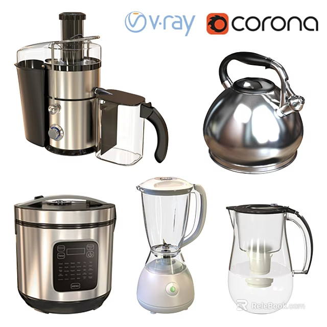 Modern Stainless Steel Kitchen Electric Appliances With Coffee Maker Kettle And Blender 3d model 
