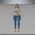 Stylish 3D Character With Red Hair Green Striped Bikini Top Blue Jeans And Sandals In Casual Look