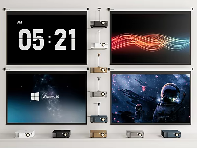 Advanced Projection Monitoring Solution with Multiple Screens Time Display Windows Interface and Astronaut Scenes 3d model